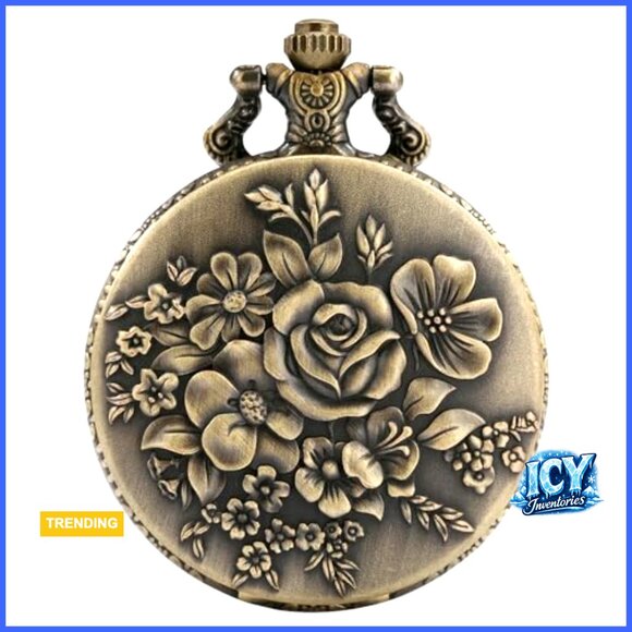 Vintage Quartz Pocket Watch with Bronze Case Rose Pattern Necklace Chain main image 6